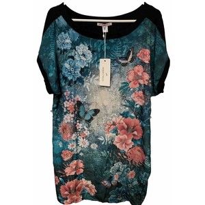 Anna Field Colorful Floral Front Dress Solid Black Back Short Raglan Sleeves 44*